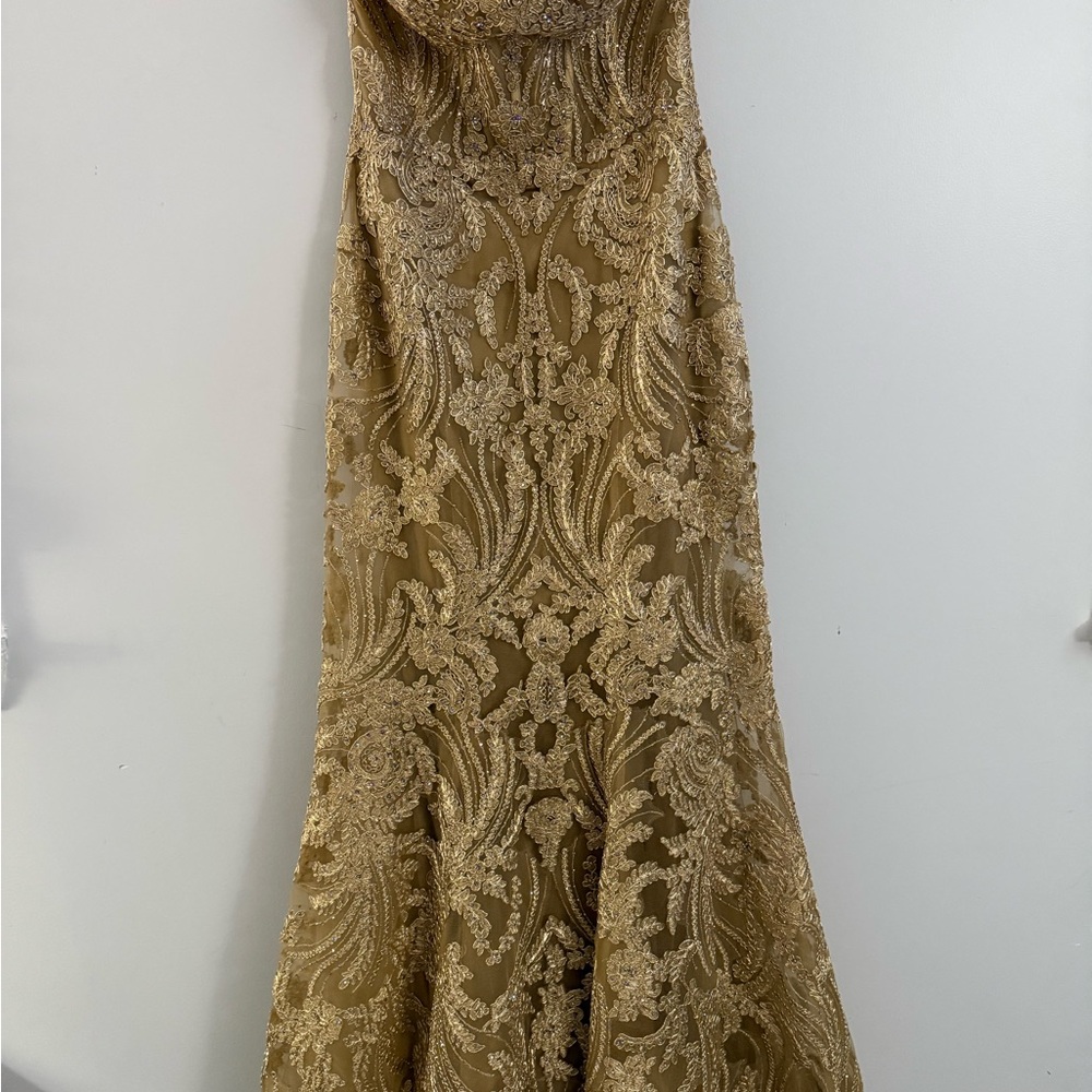 Ellie Wilde Gold Lace Prom Dress - Picture 3 of 15